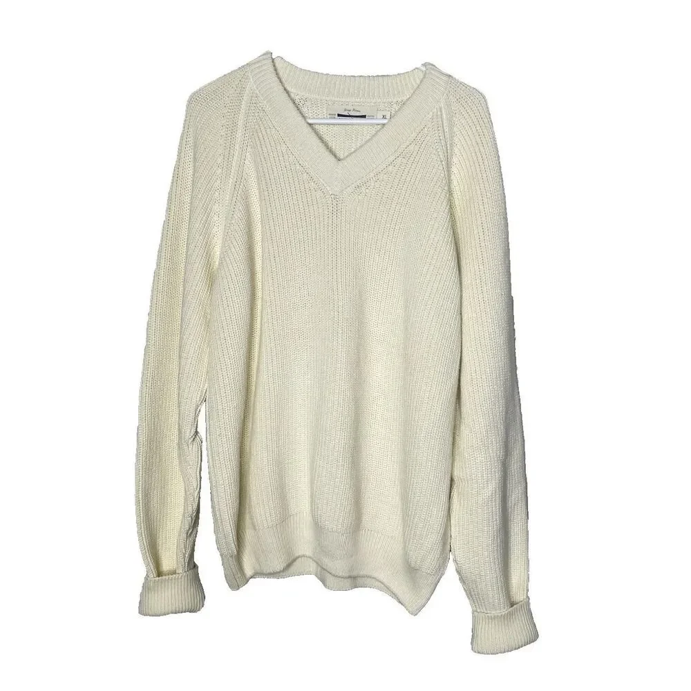 Guideboat Co Size XL 100% Cotton Fisherman Men's Sweater V Neck Ivory